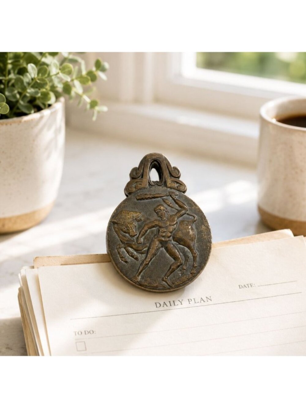 Vintage Heavy Bronze Desk Clip Greek Warrior Paper Holder Antique Style Office C